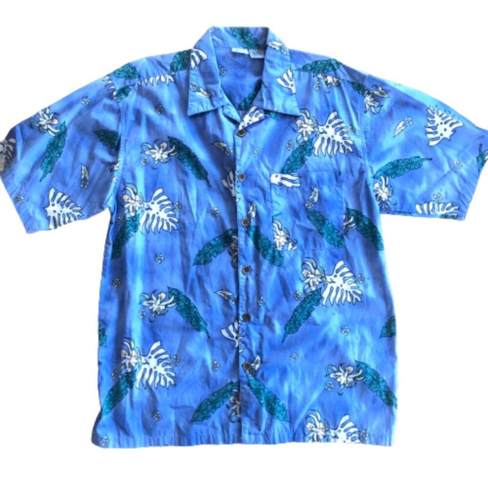 Vintage Men's Hawaiian Shirt Blue Hibiscus Ocean Pacific OP Floral Botanical L
